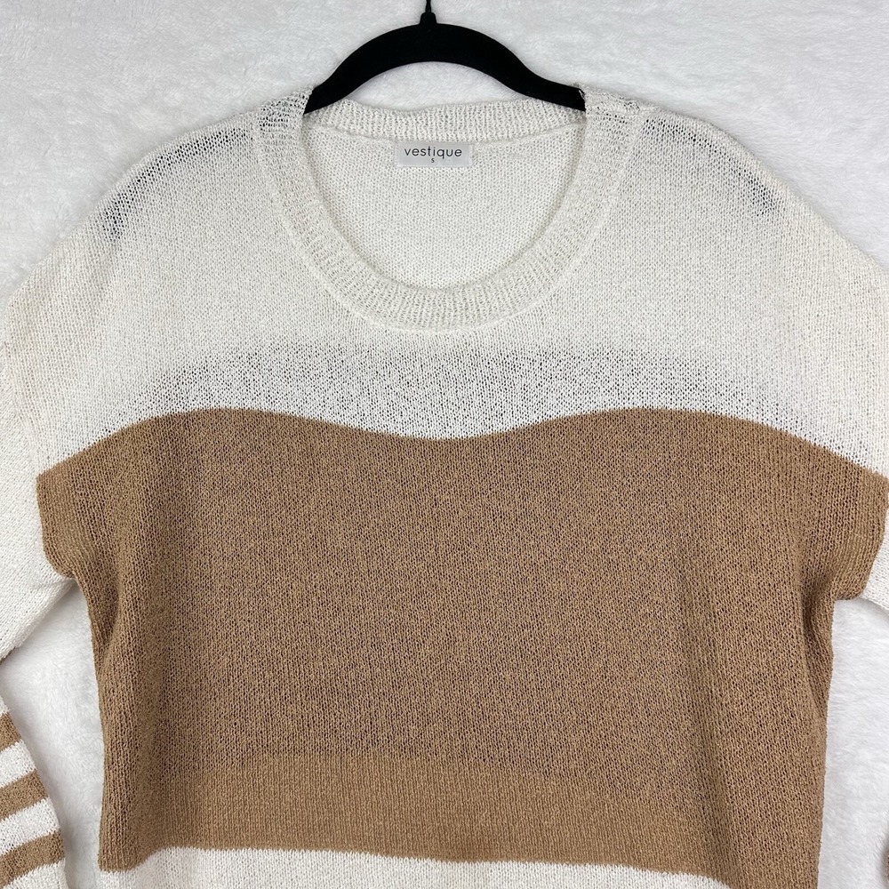 Vestique Sweater‎ Womens Small White Tan Lightweight Long Sleeve Striped Top EUC - Picture 2 of 13